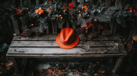 A vibrant orange hat rests on a rustic wooden bench, surrounded by autumn leaves and pinecones, creating a warm, cozy atmosphere perfect for seasonal photoshoots.の素材