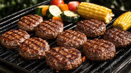 A vibrant scene of freshly grilled beef patties on a barbecue, surrounded by colorful vegetables, ideal for summer cookouts and family gatherings.の素材