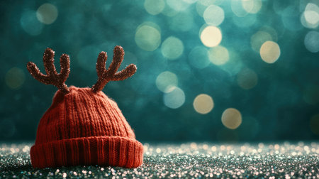 A charming orange knit hat with festive reindeer antlers sits on a sparkling surface, surrounded by magical bokeh lights, capturing the essence of joyful winter celebrations.の素材