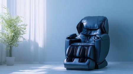 A sleek and comfortable ergonomic massage chair positioned in a bright and airy room, perfect for relaxation and personal wellness in a contemporary home setting.の素材