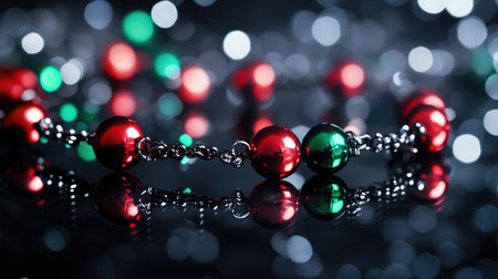 Beautiful festive ornaments in red and green hues create a joyful ambiance, reflecting light on a shiny surface, perfect for celebrating holiday cheer and capturing the spirit of Christmas.の素材