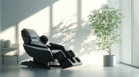 A serene and stylish setting featuring a modern black massage chair next to a thriving indoor plant, elegantly illuminated by soft natural light from large windows.の素材