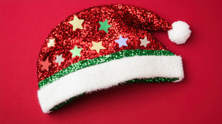 A vibrant red Christmas hat adorned with sparkling stars, perfect for adding a festive touch to winter celebrations and holiday gatherings.の素材