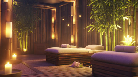 A serene spa room featuring bamboo decor, soft ambient lighting, and comfortable massage beds, creating the perfect environment for relaxation, wellness, and rejuvenation.の素材