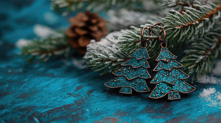 Delightful Christmas tree earrings featuring vibrant blue glitter shine beautifully against a snowy pine backdrop, evoking festive joy and elegance for holiday celebrations.の素材
