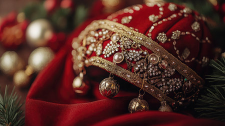 A beautiful red cap featuring stunning jewels and golden designs rests on rich fabric, surrounded by seasonal decorations, evoking a festive winter ambiance and elegance.の素材