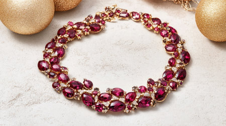 A stunning ruby and gold necklace adorned with shimmering gems, elegantly displayed against a soft background, ideal for festive occasions and holiday gifting.の素材