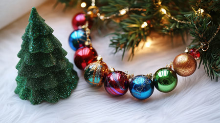 A vibrant display of colorful Christmas ornaments rests next to a glittery green tree, creating a cozy holiday atmosphere with soft white fur and warm lights.の素材