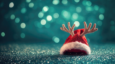A vibrant red Christmas hat with reindeer antlers stands out against a sparkling blue background, evoking festive cheer and holiday spirit, ideal for seasonal themes.の素材