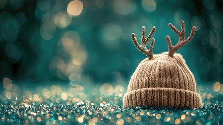 A cozy knitted winter hat with playful antlers rests on a shimmering surface, capturing the essence of festive cheer and winter joy, ideal for seasonal themes.の素材