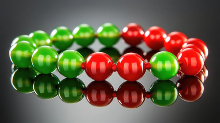 A vibrant arrangement of green and red beads reflecting beautifully on a glossy surface, perfect for holiday crafts, decorations, and creative projects.の素材