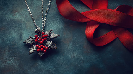 This upscale holiday necklace features a beautiful holly design adorned with red berries, set against a textured backdrop and paired with a rich red ribbon, creating a festive vibe.の素材