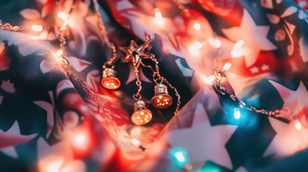 A stunning close-up image featuring vibrant Christmas lights and shiny ornaments laid over colorful, star-patterned fabric, creating a warm festive atmosphere perfect for holiday celebrations.の素材