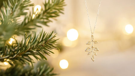 A stunning gold necklace featuring a leaf design, beautifully showcased with soft lighting and a holiday atmosphere, perfect for festive celebrations and gift giving.の素材