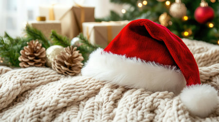 A serene Christmas setting capturing a vibrant red Santa hat resting on a soft knitted blanket, accompanied by pinecones and ornaments, evoking a warm holiday spirit.の素材
