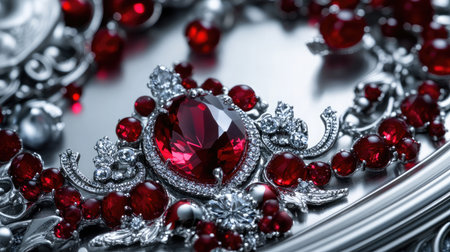 Stunning close-up of a luxurious jewelry piece featuring rich red gemstones and elegant silver accents, perfect for showcasing exquisite design in fashion or jewelry-themed settings.の素材
