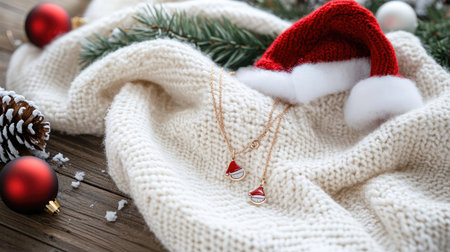 A beautifully styled holiday scene featuring a delicate necklace with Santa hats on a cozy knit sweater, complemented by festive decorations and natural pinecones, evoking Christmas warmth.の素材