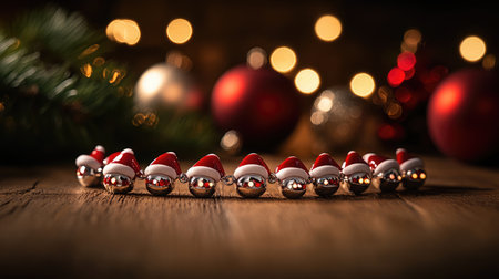 A charming display of Christmas ornaments wearing Santa hats against a textured wooden surface, creating a warm and inviting holiday scene filled with soft bokeh lights.の素材