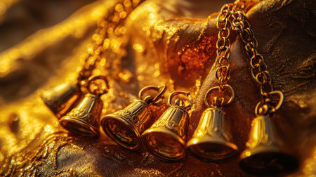 This image showcases a series of golden traditional bells delicately hanging on a shimmering fabric background, creating an enchanting and elegant visual atmosphere perfect for cultural themes.の素材