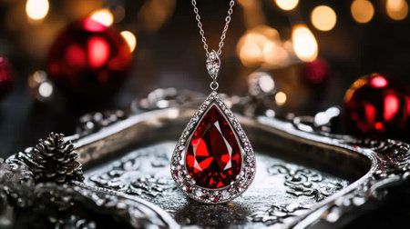 Stunning red gem pendant jewelry showcased on a vintage silver tray, enhanced by warm holiday lights for a luxurious feel perfect for festive celebrations and romantic gifts.の素材