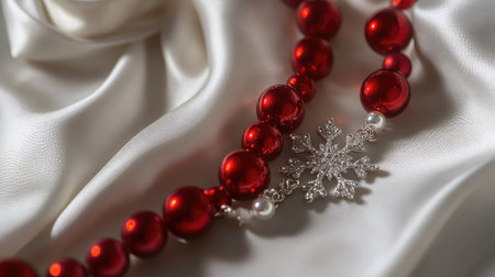 Capture the beauty of this elegant red bead necklace with a stunning snowflake pendant, perfect for any holiday celebration or winter-themed jewelry collection.の素材