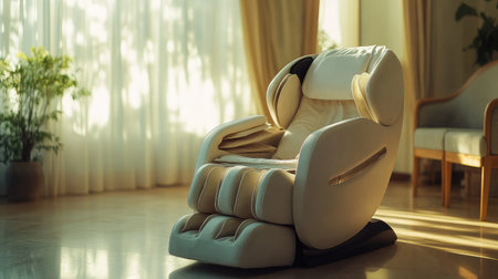 A cozy modern massage chair is showcased in a well-lit living room, emphasizing relaxation and comfort amid soft natural light and warm decor elements.の素材