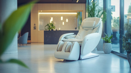 A sleek white massage chair positioned in a modern spa setting with warm lighting and lush plants, inviting relaxation and serenity for ultimate self-care experiences.の素材