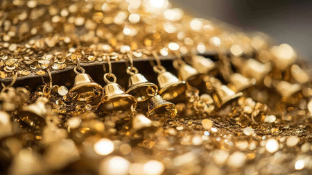 This stunning close-up showcases shimmering gold sequins and delicate bells, creating a luxurious and festive appearance ideal for celebrations and artistic projects.の素材