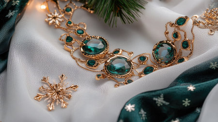 This captivating image showcases an exquisite gold necklace with vibrant emerald gemstones displayed on soft fabric, creating a luxurious holiday ambiance perfect for festive celebrations.の素材