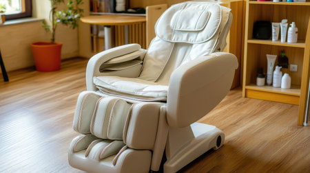 A sleek massage chair designed for ultimate comfort, set in a bright, inviting space ideal for relaxation and self-care, promoting wellbeing and tranquility.の素材