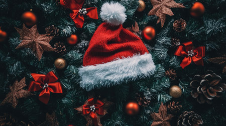 A cheerful red Santa hat rests among an array of shimmering ornaments, pine cones, and vibrant bows, capturing the spirit of Christmas in a beautiful holiday composition.の素材