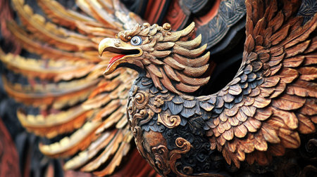 This stunning wooden eagle sculpture showcases intricate craftsmanship, with vivid details and expressions that reflect cultural heritage and artistic skill.の素材