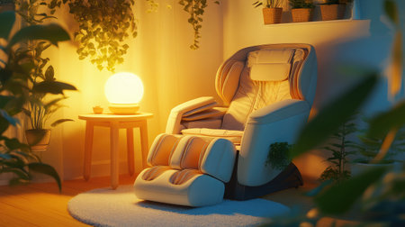 A serene corner featuring a modern massage chair bathed in warm ambient light, surrounded by lush indoor plants, perfect for relaxation and rejuvenation in a cozy home setting.の素材