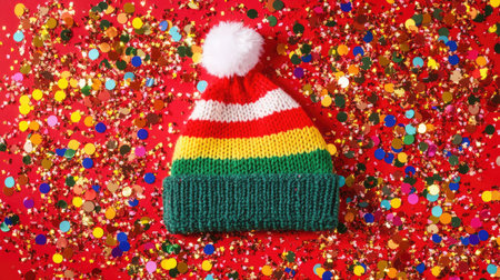 A vibrant, colorful knitted hat featuring a pom-pom set against a bold red backdrop, surrounded by shimmering confetti, perfect for festive celebrations and holiday cheer.の素材