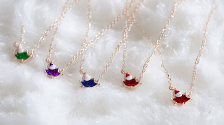 A collection of stylish necklaces featuring colorful pendants, perfect for fashion enthusiasts looking for elegant jewelry accessories to enhance their outfits.の素材