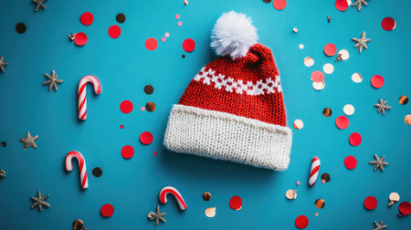 A vibrant red knit hat with a fluffy pom pom sits against a turquoise background, accented by festive decorations like candy canes and sparkling confetti. Perfect for holiday themes.の素材