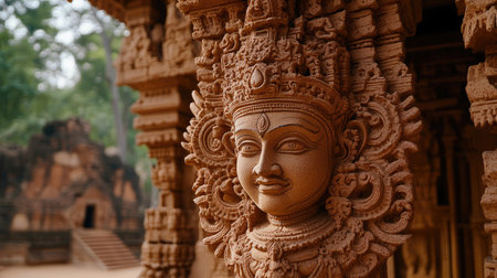 A stunning close-up of an intricate stone carving depicting a divine figure at an ancient temple, showcasing artistry, detail, and serenity amidst lush greenery and historical significance.の素材