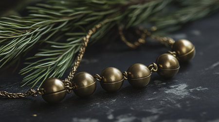 A stunning bronze bead necklace elegantly displayed on a dark textured surface with pine branches, perfect for showcasing exquisite craftsmanship and artistic beauty.の素材