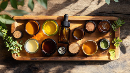 Capture the essence of natural wellness with a collection of assorted oils and herbs displayed beautifully on a wooden tray, complemented by fresh greenery. Perfect for wellness projects.の素材
