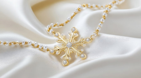This stunning gold snowflake pendant features exquisite pearls and diamonds, showcased on luxurious satin fabric, perfect for seasonal elegance and special occasions.の素材