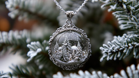 A captivating winter scene is showcased in a silver necklace, featuring frosty trees and delicate snowflakes, creating a magical outdoor atmosphere.の素材