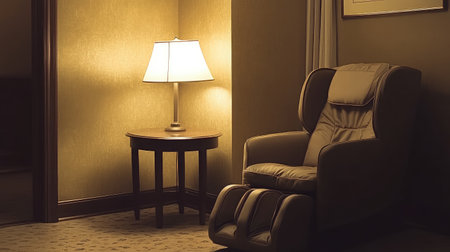 A serene corner featuring a comfortable chair and a softly glowing lamp, perfect for creating a relaxing atmosphere for reading or unwinding after a long day.の素材