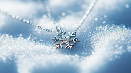 A captivating close-up image of a silver snowflake necklace resting gently on a bed of snow, showcasing intricate details and a dreamy winter ambiance, perfect for seasonal themes.の素材