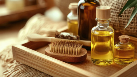 A serene wooden tray showcases essential oils and natural brushes, ideal for enhancing self-care and wellness routines in any spa or home environment.の素材
