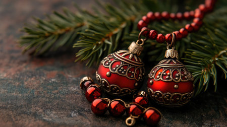 Discover a beautiful arrangement of red vintage Christmas ornaments nestled in green pine needles, creating a cozy and festive atmosphere perfect for holiday celebrations.の素材