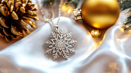 A stunning silver snowflake pendant rests on soft fabric, accompanied by golden ornaments and a pinecone, capturing the essence of winter and holiday charm.の素材