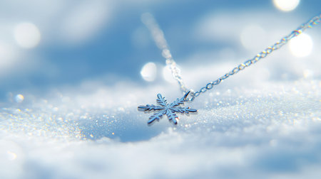 A striking silver snowflake pendant necklace elegantly placed on soft snow, capturing the essence of winter and the beauty of delicate jewelry in natural settings.の素材