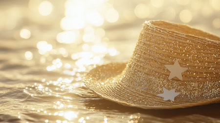 A beautifully styled beach hat with shining stars rests gracefully on the water surface, capturing the essence of summer days by the sea with a sparkling backdrop.の素材