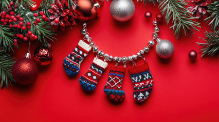 A vibrant arrangement of colorful Christmas stockings and shiny ornaments on a rich red background, perfect for festive holiday decoration, crafting, and joyful seasonal imagery.の素材