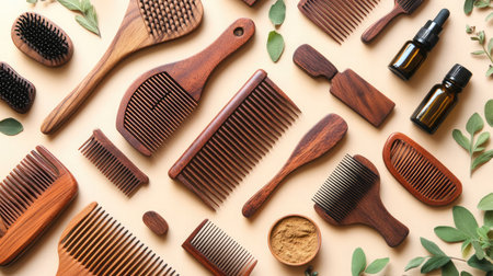 Explore a visually appealing collection of wooden combs and brushes alongside essential oils, perfect for inspiring hair care and personal grooming routines in a serene setting.の素材